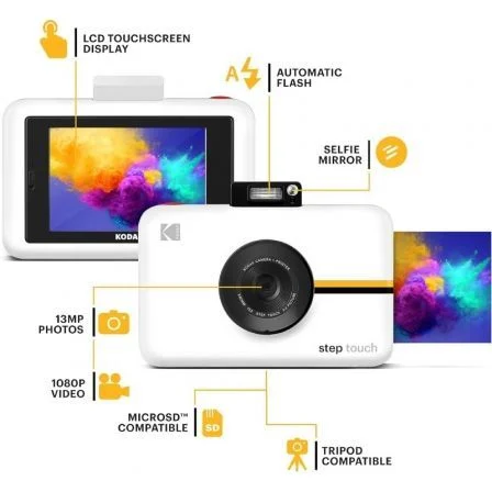 Kodak RODITC20W Cámara Digital Instantánea STEP Touch 13MP Impresora Bluetooth Pantalla Táctil LCD 3.5" Fotos 2"x3" Blanca
